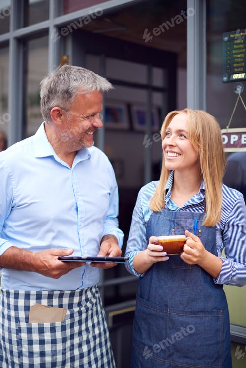 Preview: Male And Female Owners Or Staff Standing Outside Coffee Shop With Digital Tablet