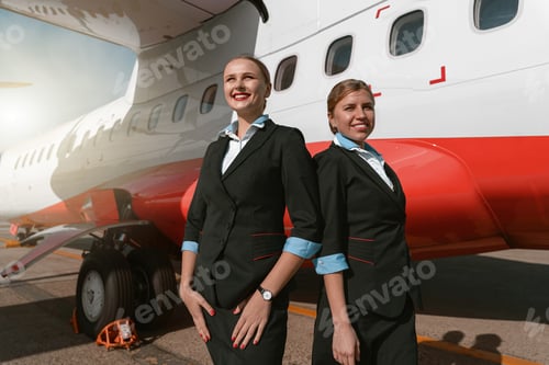Preview: Cheerful flight attendants standing back to back at airport on plane background