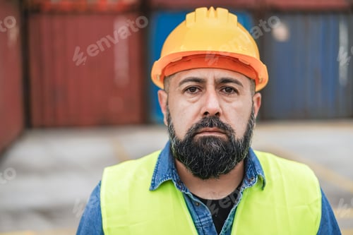 Preview: Latin worker senior man looking at camera with industrial port on background - Focus on mouth