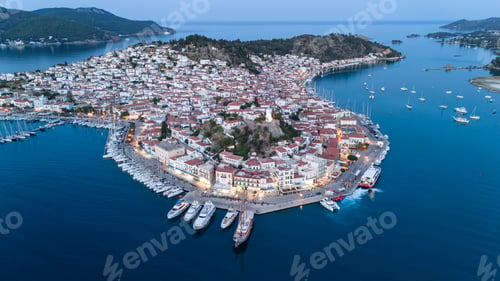 Preview: Aerial panorama of the city and harbor of Poros island in the Saronic Gulf, Greece,