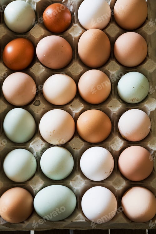 Preview: A tray of fresh organic eggs, in a variety of colours.