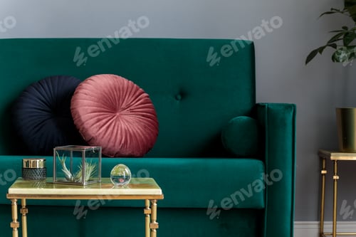 Preview: Luxury and modern home interior with design green sofa, navy commode, furniture and accessories.