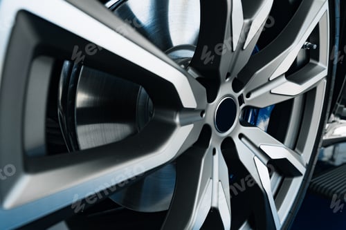Preview: Aluminium rim of luxury car wheel close up