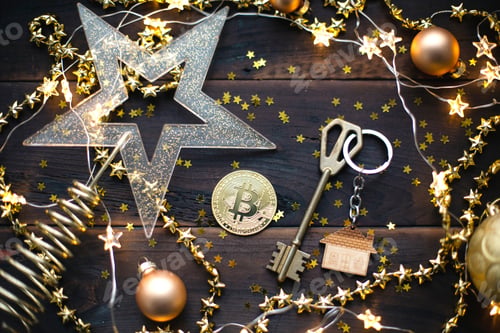 Preview: Bitcoin coin in festive decor for Christmas and new year. Cryptocurrency, finance