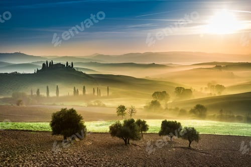 Preview: Gold and green fields in the valley at sunset, Tuscany