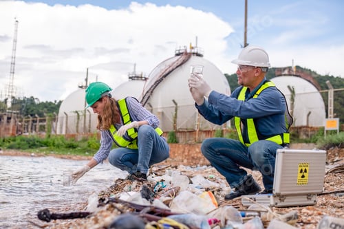 Preview: Environmental scientists or workers, wearing safety helmets and gloves, examining waste materials al