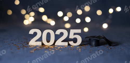 Preview: Class of 2025 banner. Wooden number 2025 with graduate hat on dark background with bokeh