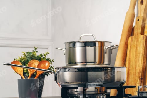Preview: Clean saucepan on a gas stove in kitchen