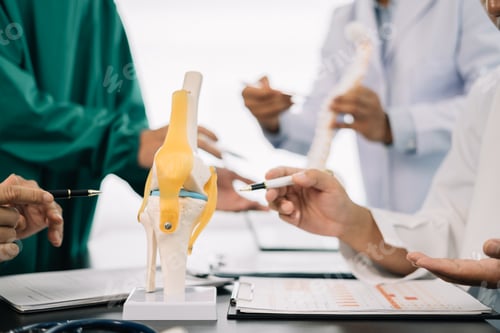 Preview: serious doctors team are analyzing fracture knee model showing