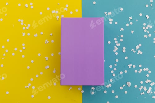 Preview: Purple gift box and white confetti on yellow and blue background
