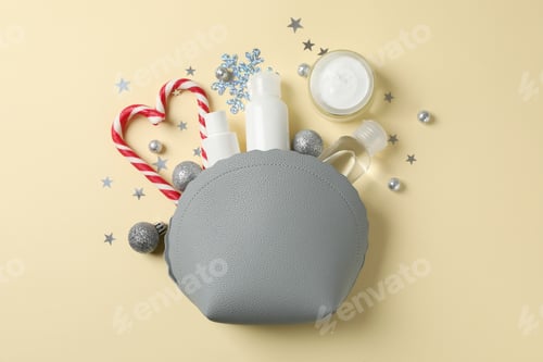 Preview: Set of cosmetics, jar of winter cream for skin on yellow background, space for text. Top view