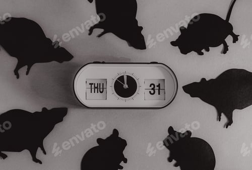 Preview: Alarm clock and Halloween paper rat on a gray background.