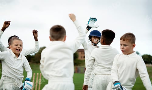 Preview: Young happy cricketers cheering on the field
