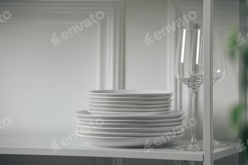 Preview: Stacked clean dishes and glasses on table indoors