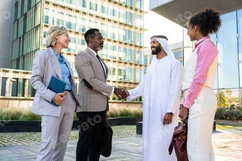 Preview: Group of multiethnic business people meeting an emirati businessman