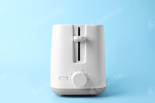 Preview: Modern toaster on light blue background. Household equipment