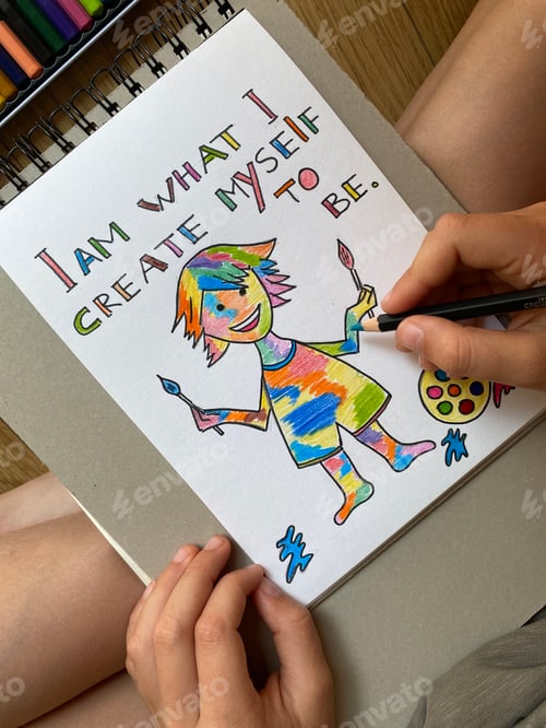 Preview: Caucasian 9 years old boy drawing, makes postcard with colorful boy and motivation phrases