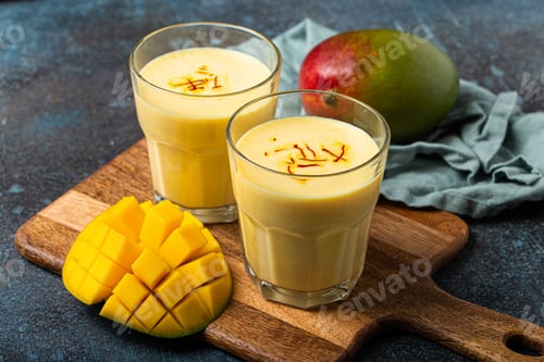 Preview: Drink mango lassi in two glasses on rustic concrete table with fresh ripe cut manfo from above