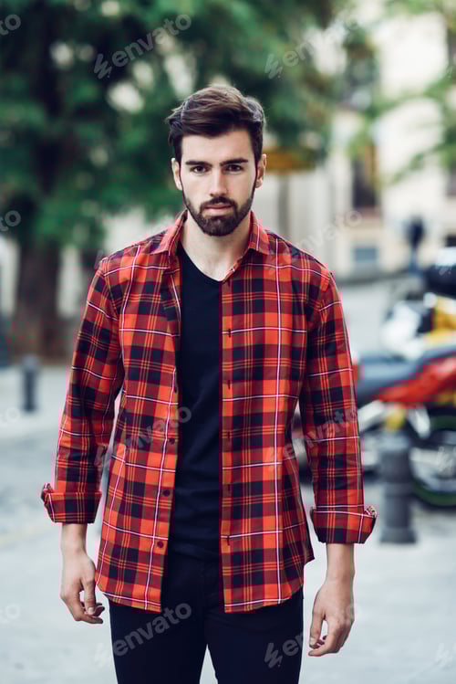 Preview: Stylish Young Man in Red Plaid Shirt