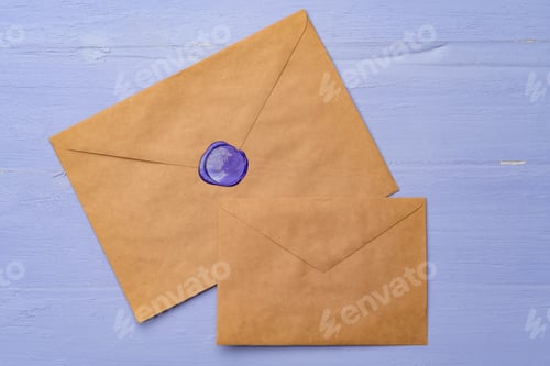 Preview: Letter envelope on lavender wooden background, copy space