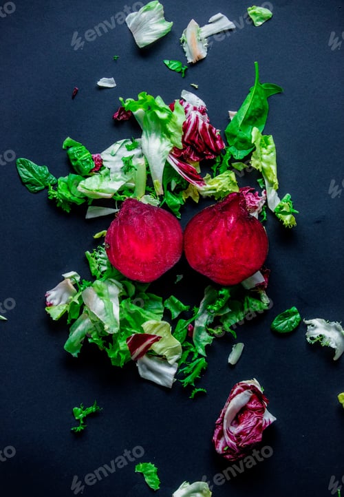 Preview: cut Beetroot with salad on dark background.