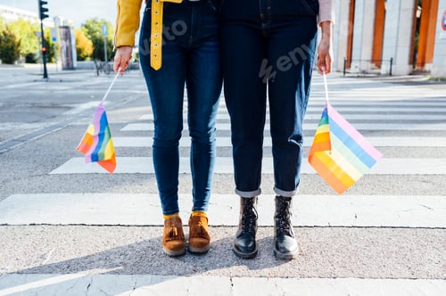 Preview: Two women friends hanging out in the city waving LGBT in Madrid city