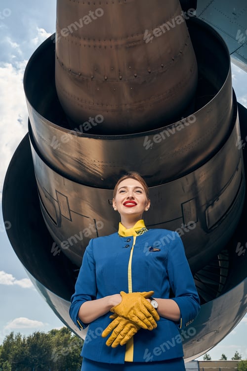 Preview: Happy stewardess with crossed gloved hands looking ahead
