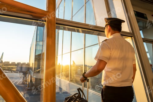 Preview: Pilot standing at boarding gate area in airport terminal, looking out of window ready for flight.