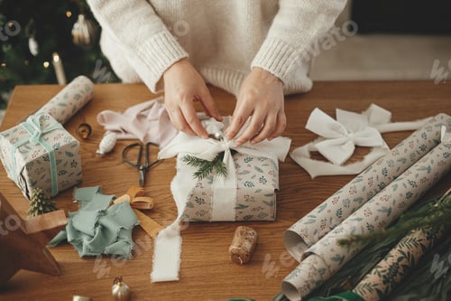 Preview: Woman wrapping stylish christmas gift with ribbon and fir branch on wooden table