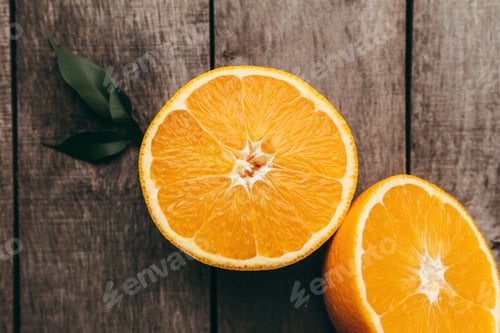 Preview: Sliced halves of orange fruit on gray wooden background. Pulp and green leaves