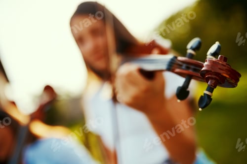 Preview: Cropped shot of a young girl playing a violin outdoors