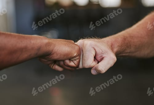 Preview: Fist bump, hands and fitness motivation for sports, greeting or team building in gym for wellness.