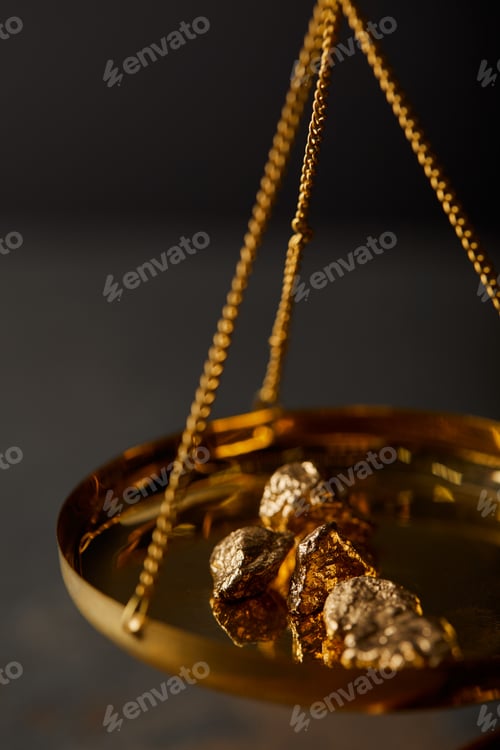 Preview: selective focus of golden stones on vintage scales on dark background