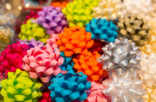 Preview: Colorful ribbon balls closeup, holiday decoration