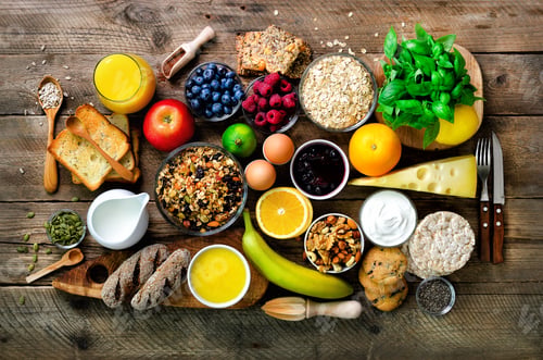 Preview: Healthy breakfast ingredients, food frame. Granola, egg, nuts, fruits, berries, toast, milk, yogurt