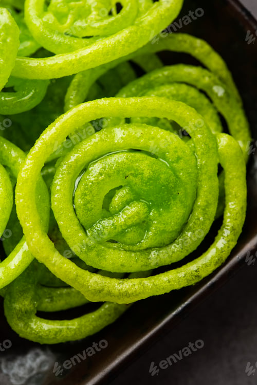 Preview: Green Jalebi mithai or sweet from India, a Twist to a traditional imarti or jilbi