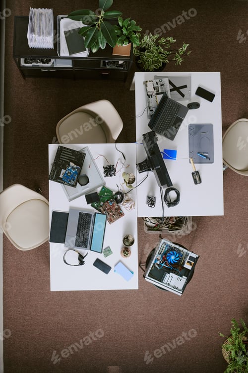 Preview: Top View of Workstations with Computers and Office Supplies
