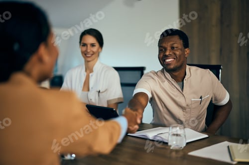 Preview: A black male doctor doing a handshake with a businesswoman from another company, having a meeting.