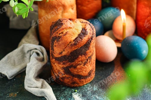 Preview: Easter Cake With Sak And Dried Fruits Colorful Easter Eggs Christian Feast Baking And Table Setting