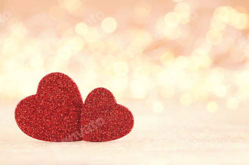 Preview: Red heart bokeh background, valentine day greeting card.