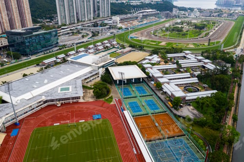 Preview: Sha Tin, Hong Kong 07 May 2019: Top view of recreation park and racecourse in Hong Kong