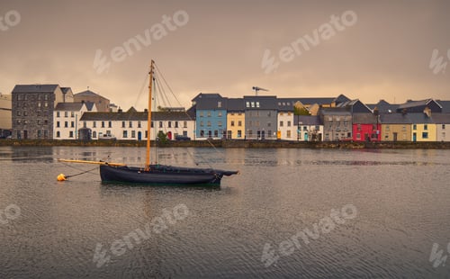 Preview: Beautiful cityscape scenery, Long walk by the Corrib river at Claddagh, Galway city, Ireland