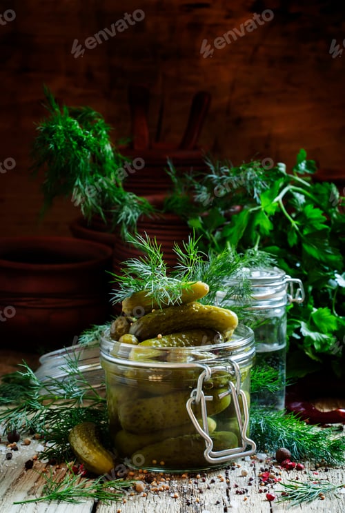 Preview: Pickled small cucumbers gherkins in a glass jar with dill, herbs and spices