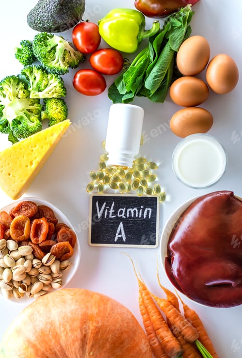Preview: Products containing vitamin A. Selective focus.