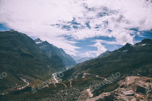 Preview: beautiful mountain landscape with scenic valley and river in Indian Himalayas, Rohtang Pass