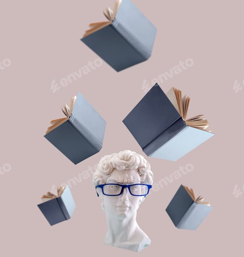 Preview: Plaster statue head wearing blue glasses with levitating book. Education concept.