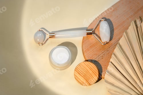 Preview: op view of facial roller for massage on wooden slice.Pastel colors,eco friendly concept.