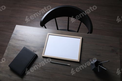 Preview: Modern wooden table with stationery and chair indoors