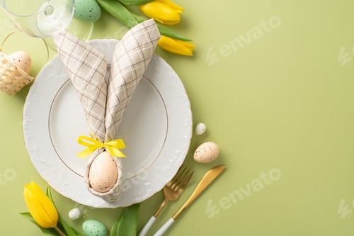 Preview: Spring Celebration Table: Overhead shot of an Easter-themed setup—plate, bunny ear napkin, cutlery