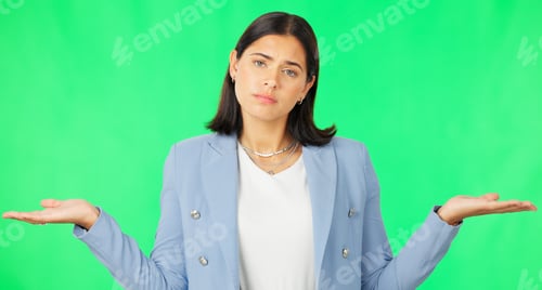 Preview: Business woman, open hands and palm by green screen for choice, decision and confused face in studi